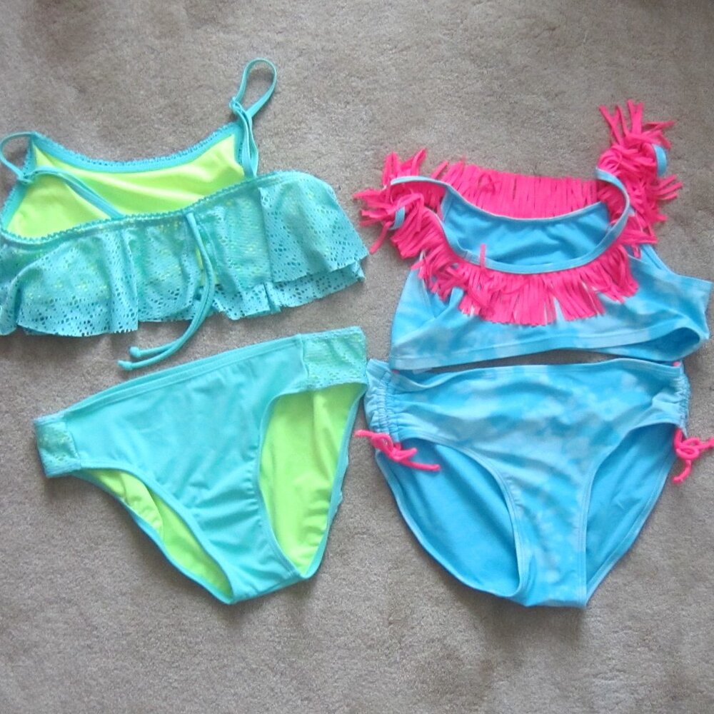 Lot 2- JUSTICE- 2 Pc Girl's Swimsuits- Sz 16- Mint Green, Aqua, Neon Accents---